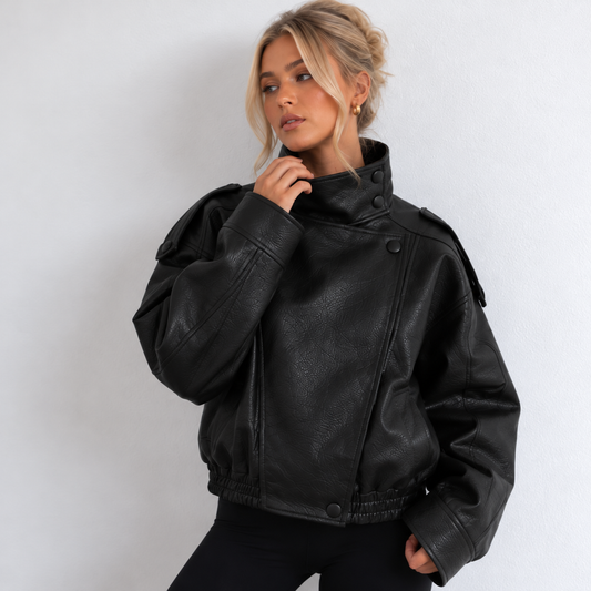 STEVIE - BLACK FAUX LEATHER BIKER JACKET