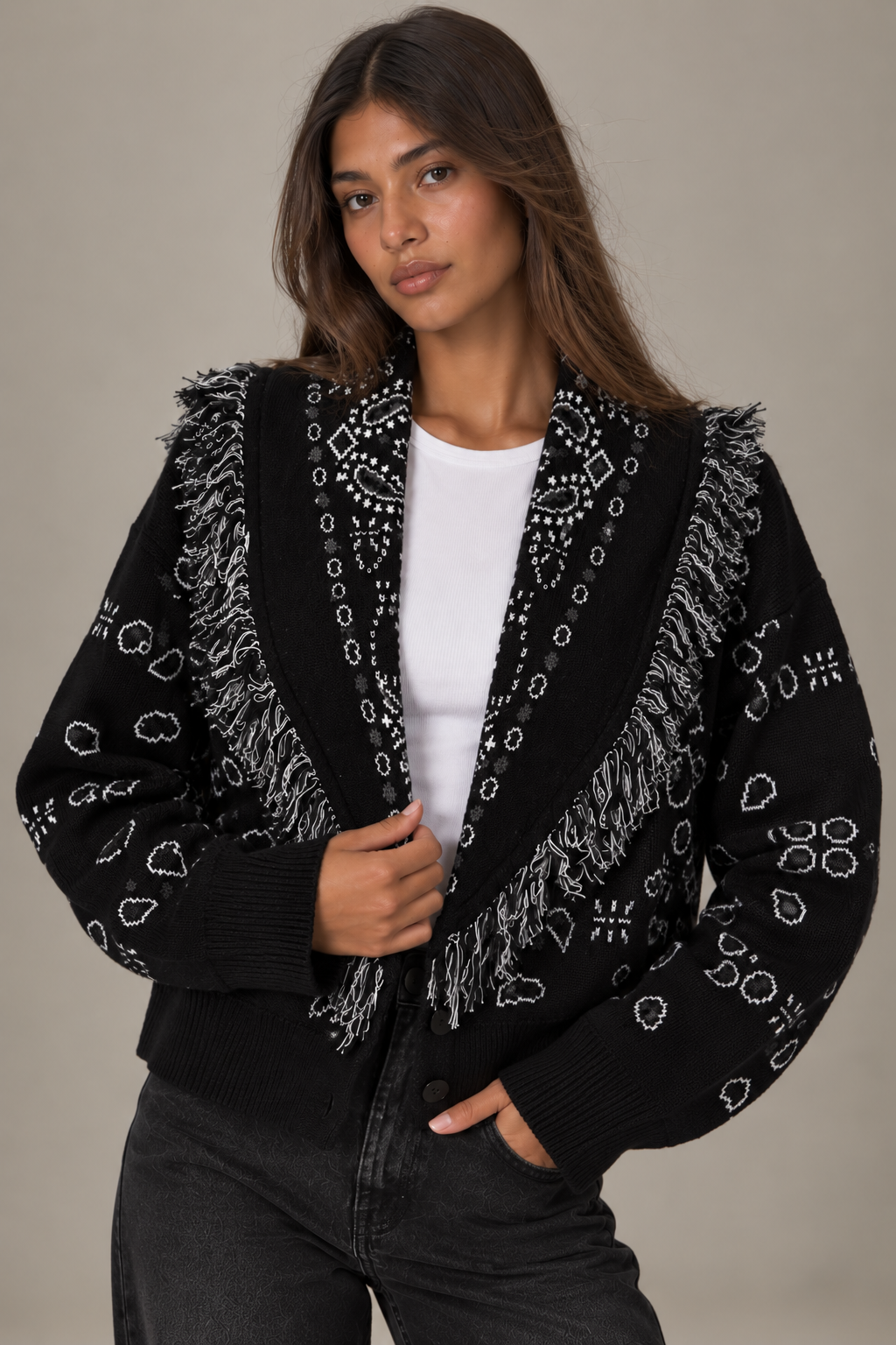 ROMY - BLACK FRINGED BUTTON CARDIGAN