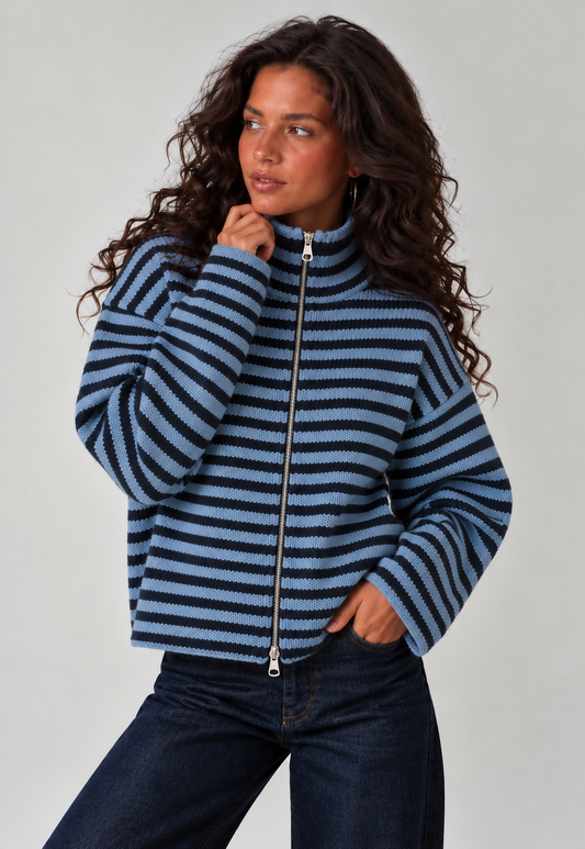 SADIE - BLUE + NAVY STRIPED ZIPPER CARDIGAN