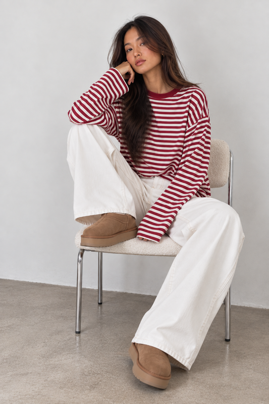 JUNO - BURGUNDY STRIPED LONG-SLEEVE TEE