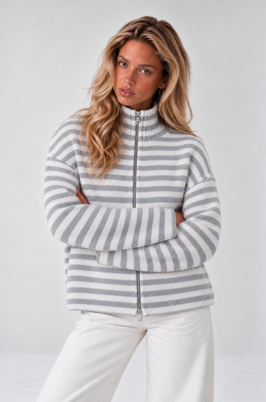 SADIE - WHITE + GREY STRIPED ZIPPER CARDIGAN