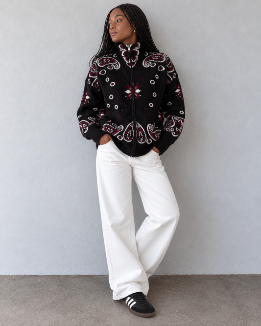 JOEY - BLACK PAISLEY ZIP UP CARDIGAN