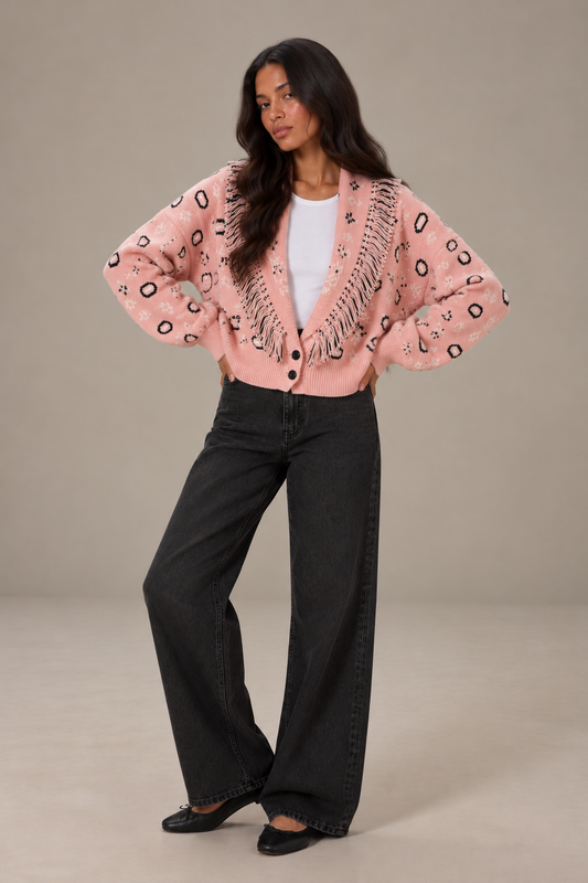 ROMY - PINK FRINGED BUTTON CARDIGAN