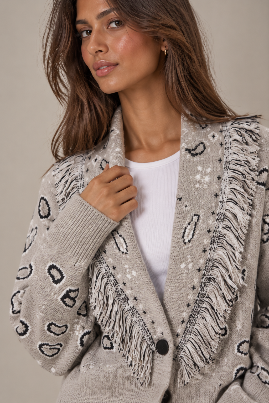 ROMY - HEATHER FRINGED BUTTON CARDIGAN