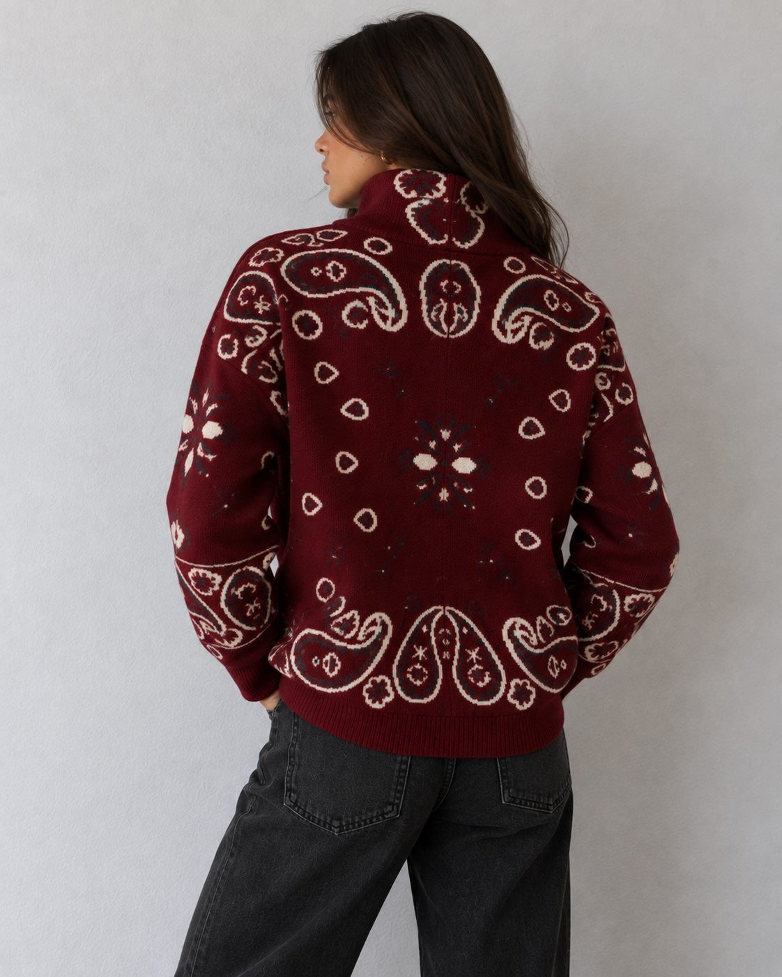 JOEY - MERLOT PAISLEY ZIP UP CARDIGAN