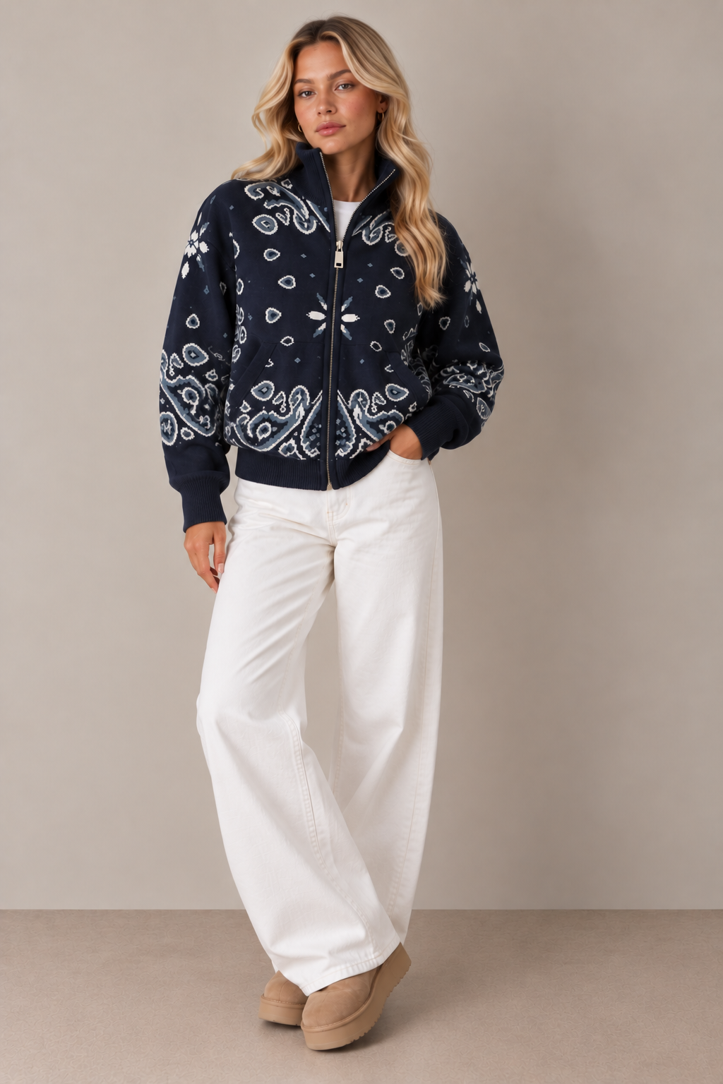 JOEY - NAVY PAISLEY ZIP UP CARDIGAN