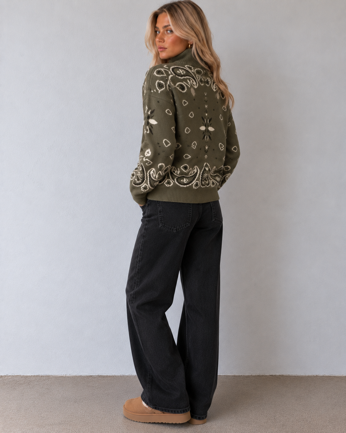 JOEY - OLIVE PAISLEY ZIP UP CARDIGAN