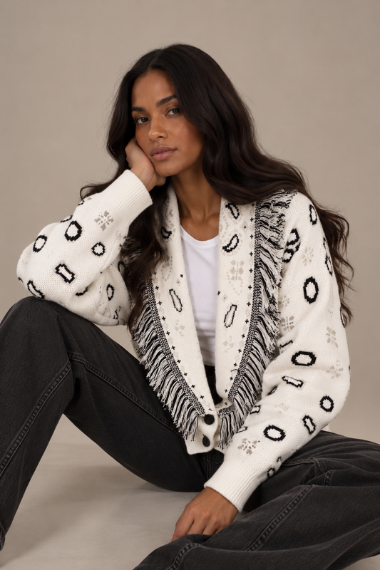 ROMY - CREAM FRINGED BUTTON CARDIGAN