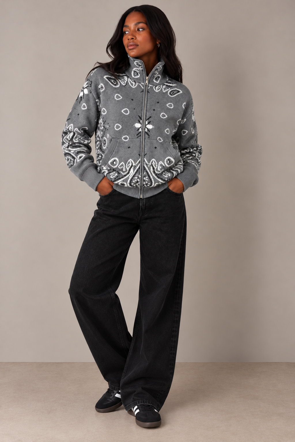 JOEY - SLATE PAISLEY ZIP UP CARDIGAN