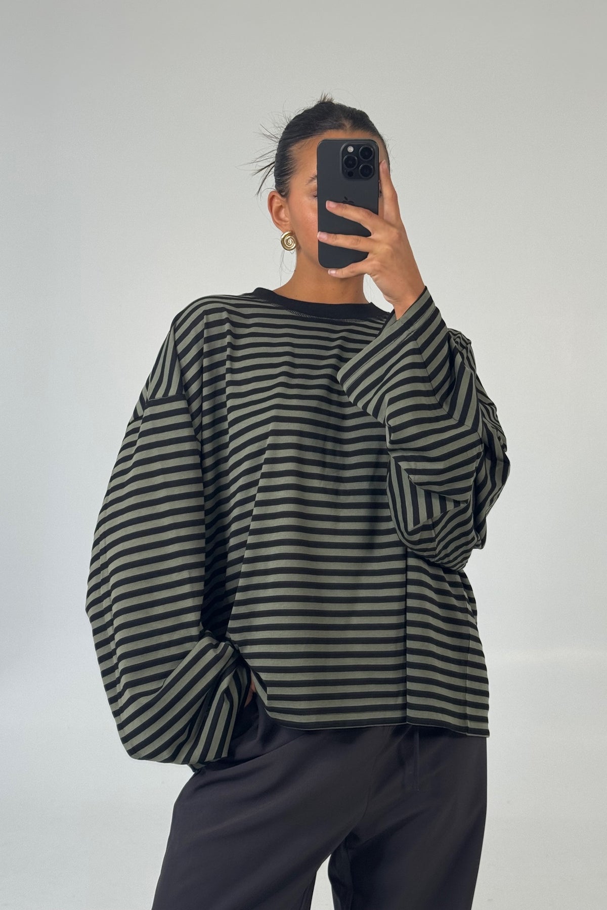 JUNO khaki and black striped oversized long-sleeve tee - Harlowe