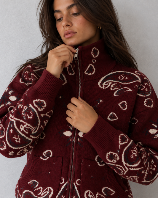 JOEY - MERLOT PAISLEY ZIP UP CARDIGAN