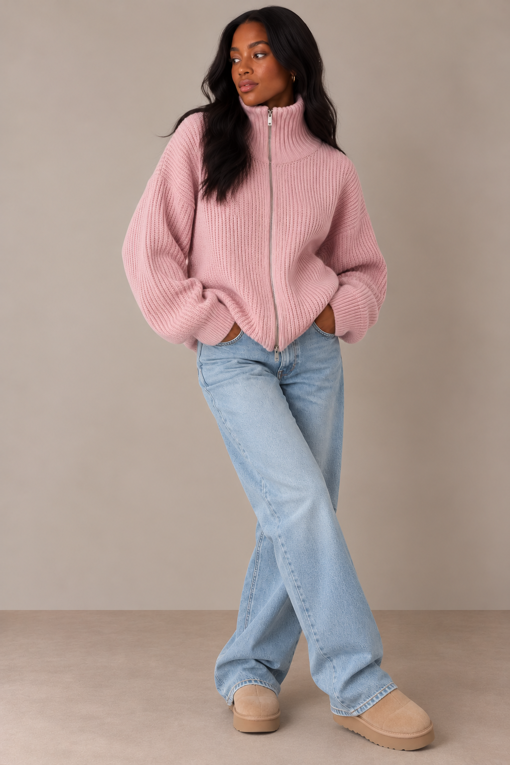 SADIE - BABY PINK ZIPPER CARDIGAN