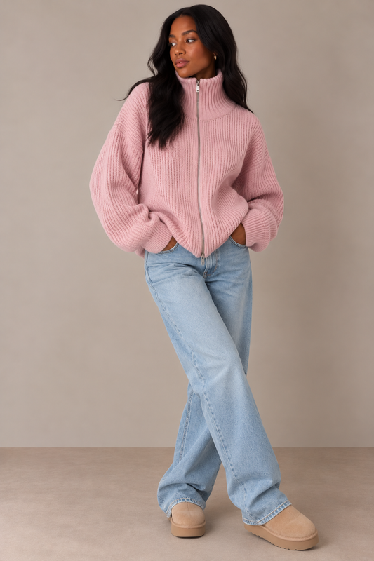 SADIE - BABY PINK ZIPPER CARDIGAN