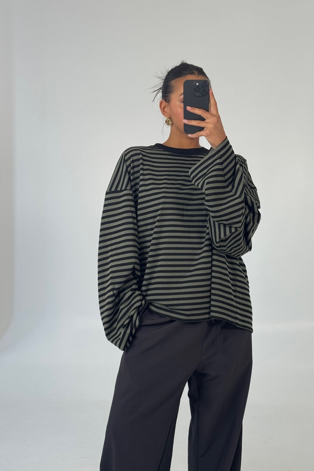 JUNO khaki and black striped oversized long-sleeve tee - Harlowe