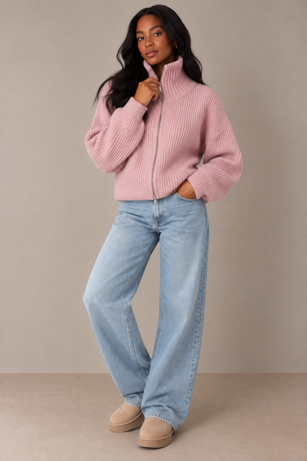 SADIE - BABY PINK ZIPPER CARDIGAN