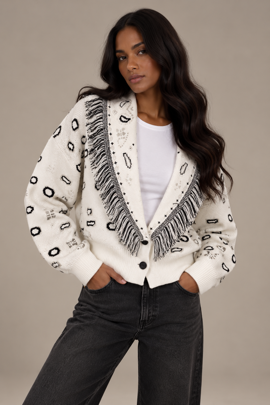 ROMY - CREAM FRINGED BUTTON CARDIGAN