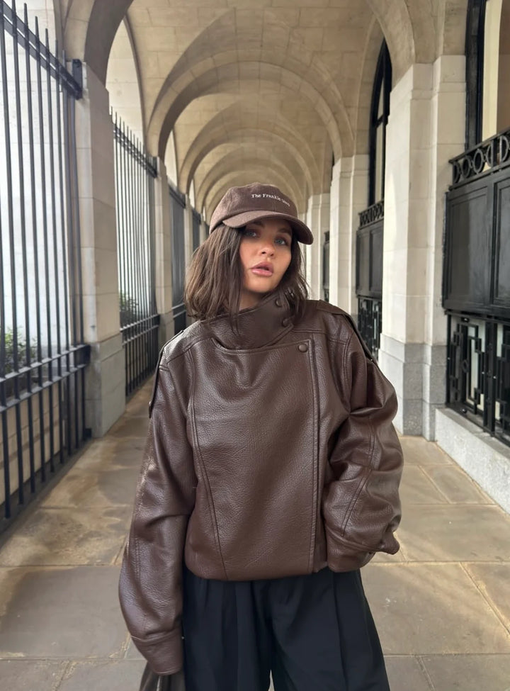 STEVIE - BROWN FAUX LEATHER BIKER JACKET