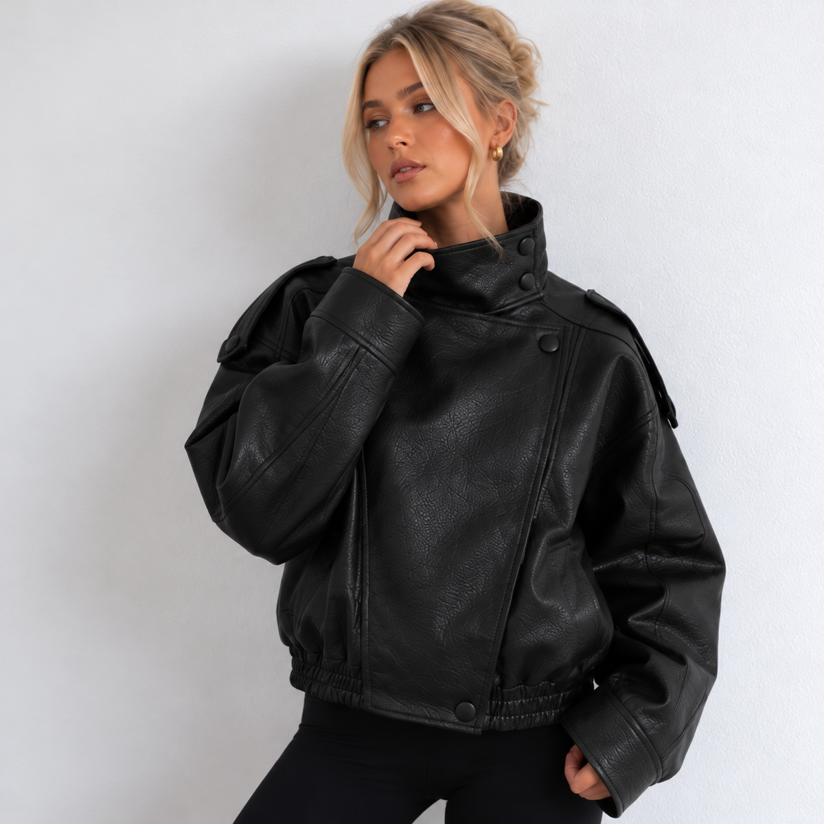 STEVIE - BLACK FAUX LEATHER BIKER JACKET