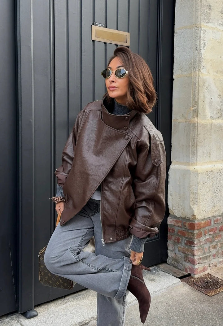 STEVIE - BROWN FAUX LEATHER BIKER JACKET