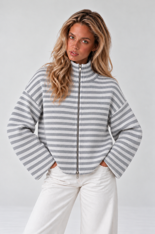 SADIE - WHITE + GREY STRIPED ZIPPER CARDIGAN