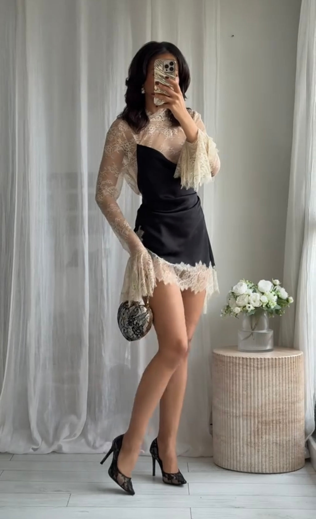 AURELIE - LACED SATIN MINI DRESS