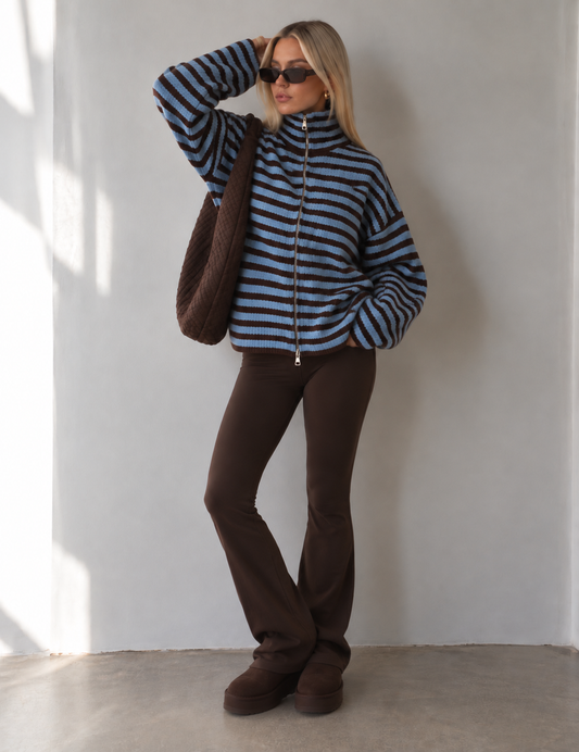 SADIE - BLUE + BROWN STRIPED ZIPPER CARDIGAN
