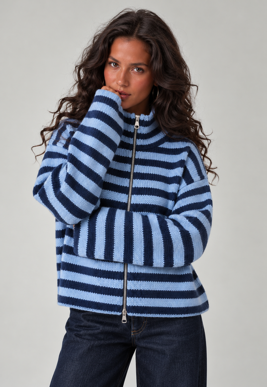 SADIE - BLUE + NAVY STRIPED ZIPPER CARDIGAN