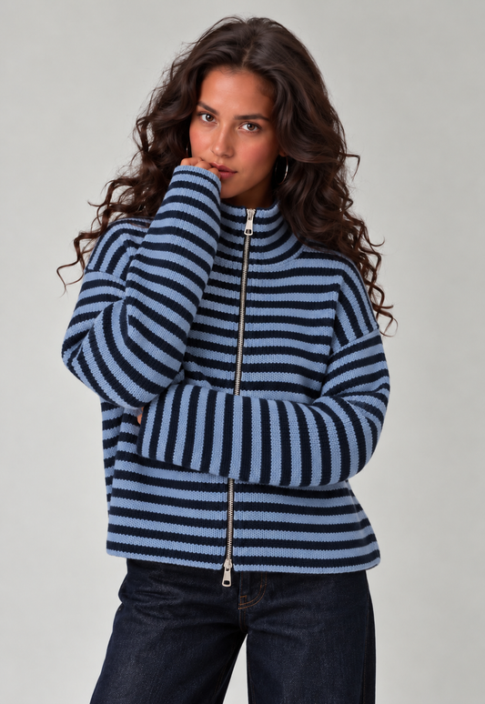SADIE - BLUE + NAVY STRIPED ZIPPER CARDIGAN