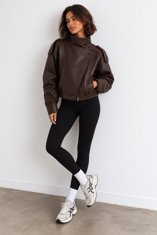 STEVIE - BROWN FAUX LEATHER BIKER JACKET