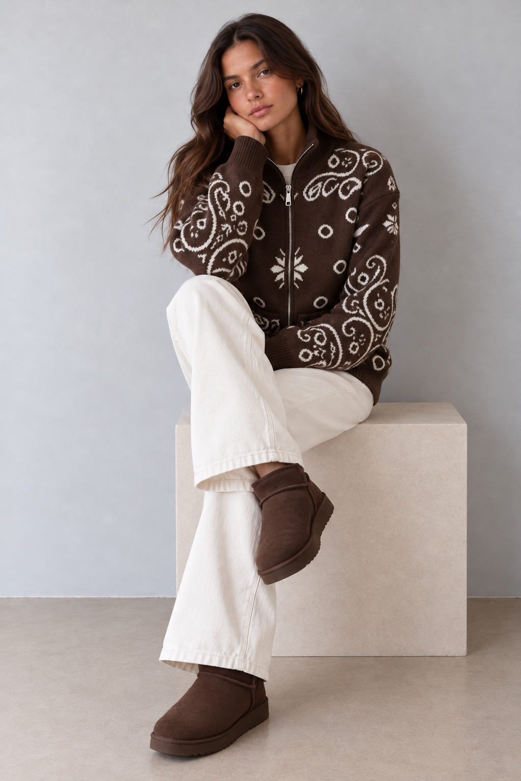 JOEY - CHOCOLATE PAISLEY ZIP UP CARDIGAN