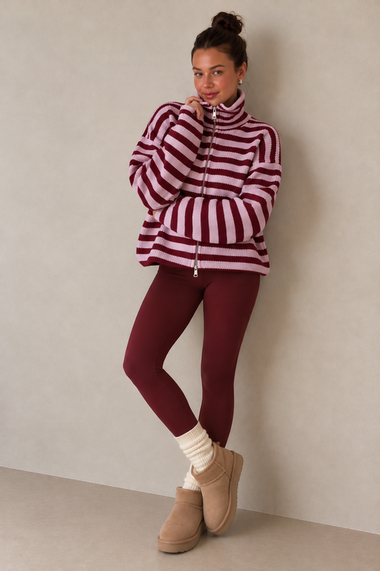SADIE - PINK + MERLOT STRIPED ZIPPER CARDIGAN