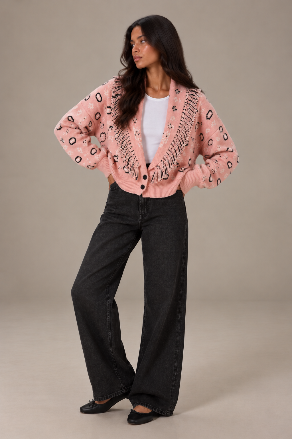 ROMY - PINK FRINGED BUTTON CARDIGAN