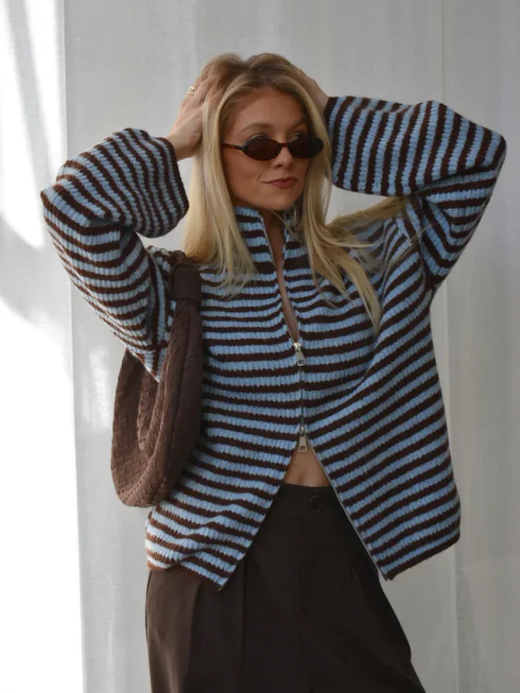 SADIE - STRIPED ZIPPER CARDIGAN