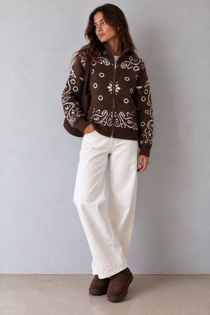 JOEY - CHOCOLATE PAISLEY ZIP UP CARDIGAN