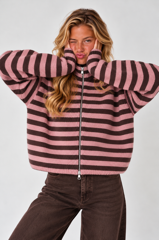 SADIE - PINK + BROWN STRIPED ZIPPER CARDIGAN