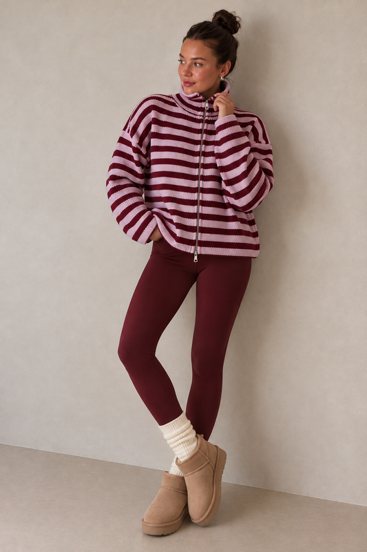 SADIE - PINK + MERLOT STRIPED ZIPPER CARDIGAN