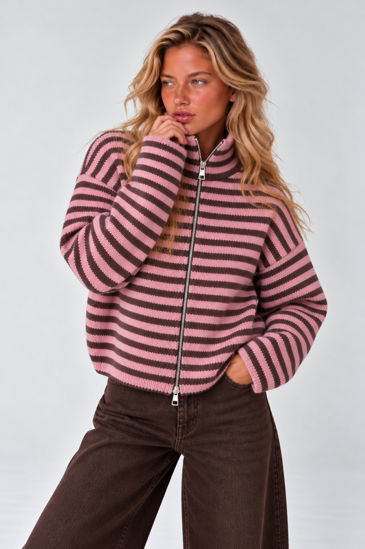 SADIE - PINK + BROWN STRIPED ZIPPER CARDIGAN