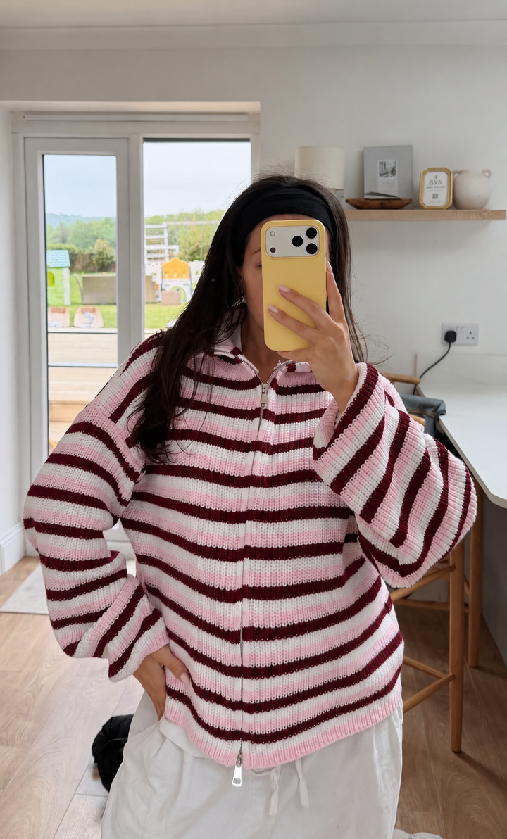 SADIE - PINK + MERLOT STRIPED ZIPPER CARDIGAN