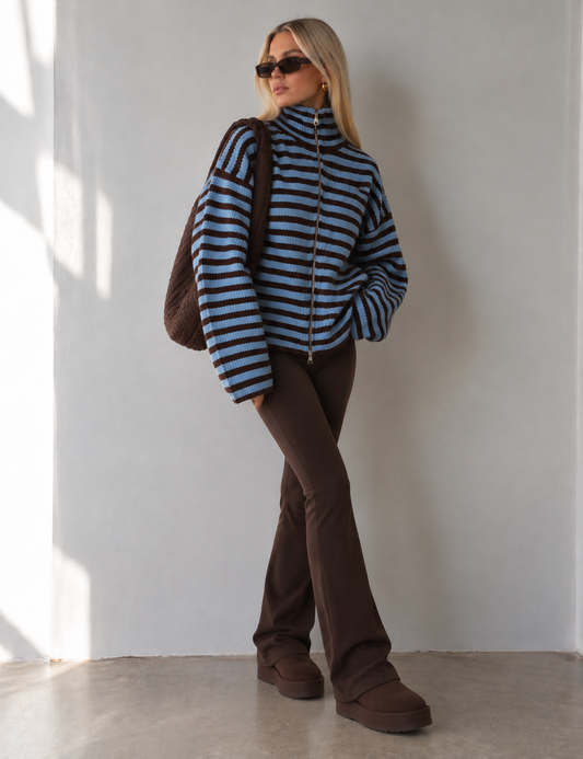 SADIE - BLUE + BROWN STRIPED ZIPPER CARDIGAN