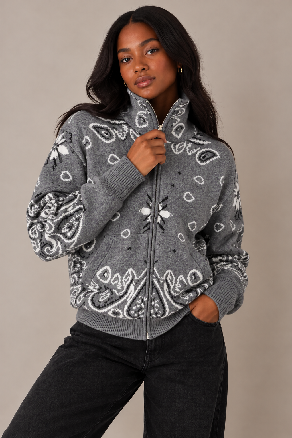 JOEY - SLATE PAISLEY ZIP UP CARDIGAN