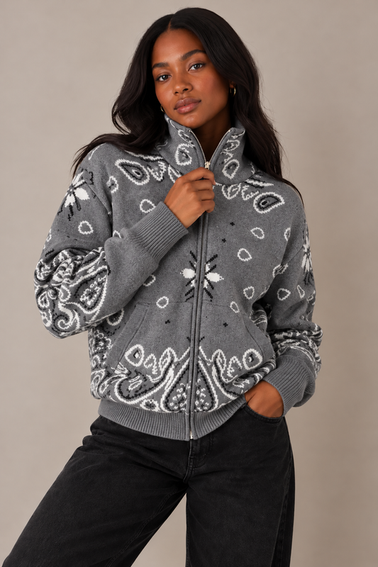 JOEY - SLATE PAISLEY ZIP UP CARDIGAN