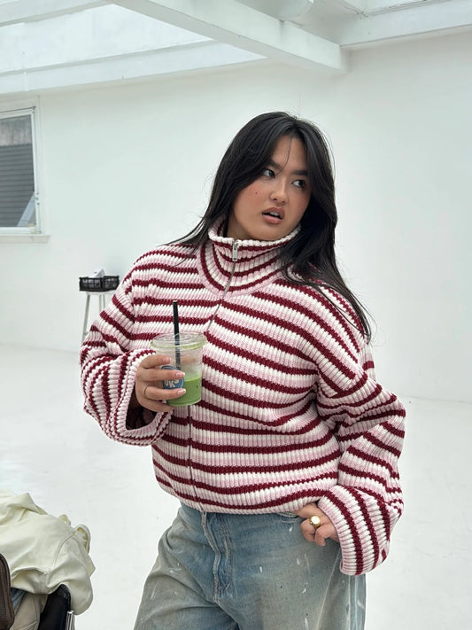 SADIE - STRIPED ZIPPER CARDIGAN