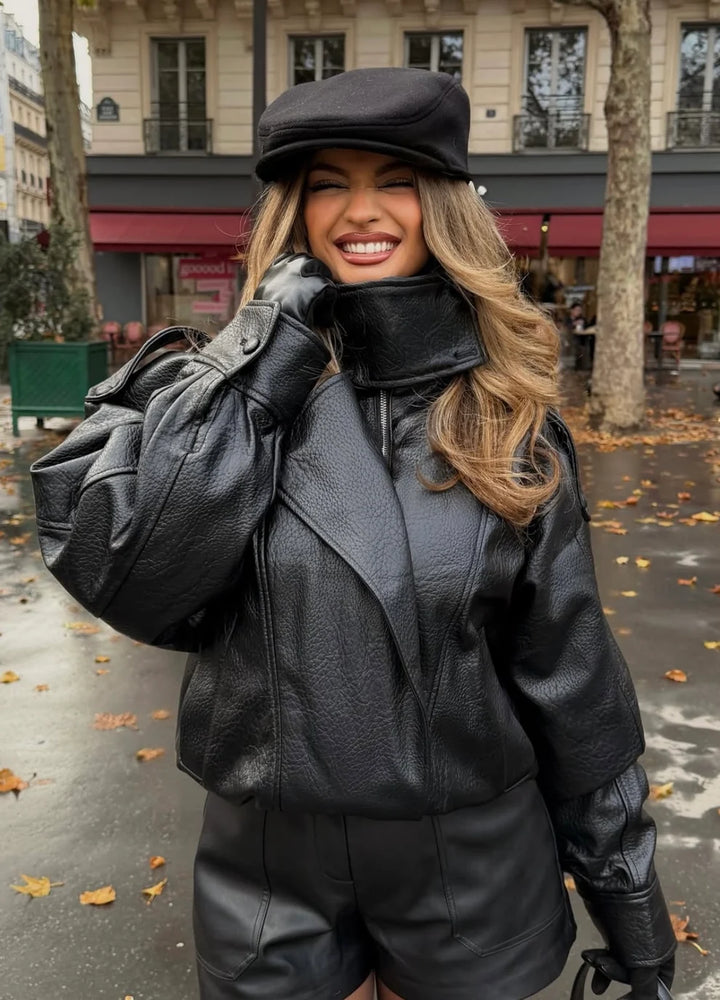 STEVIE - BLACK FAUX LEATHER BIKER JACKET