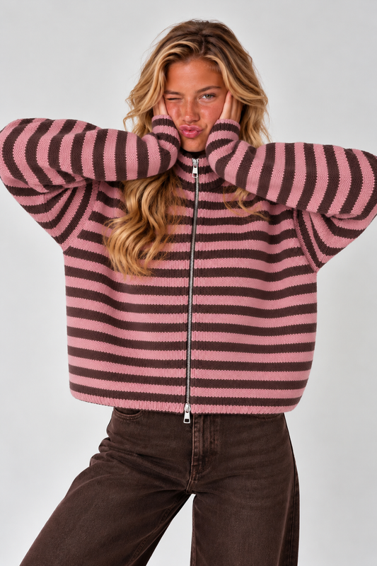 SADIE - PINK + BROWN STRIPED ZIPPER CARDIGAN