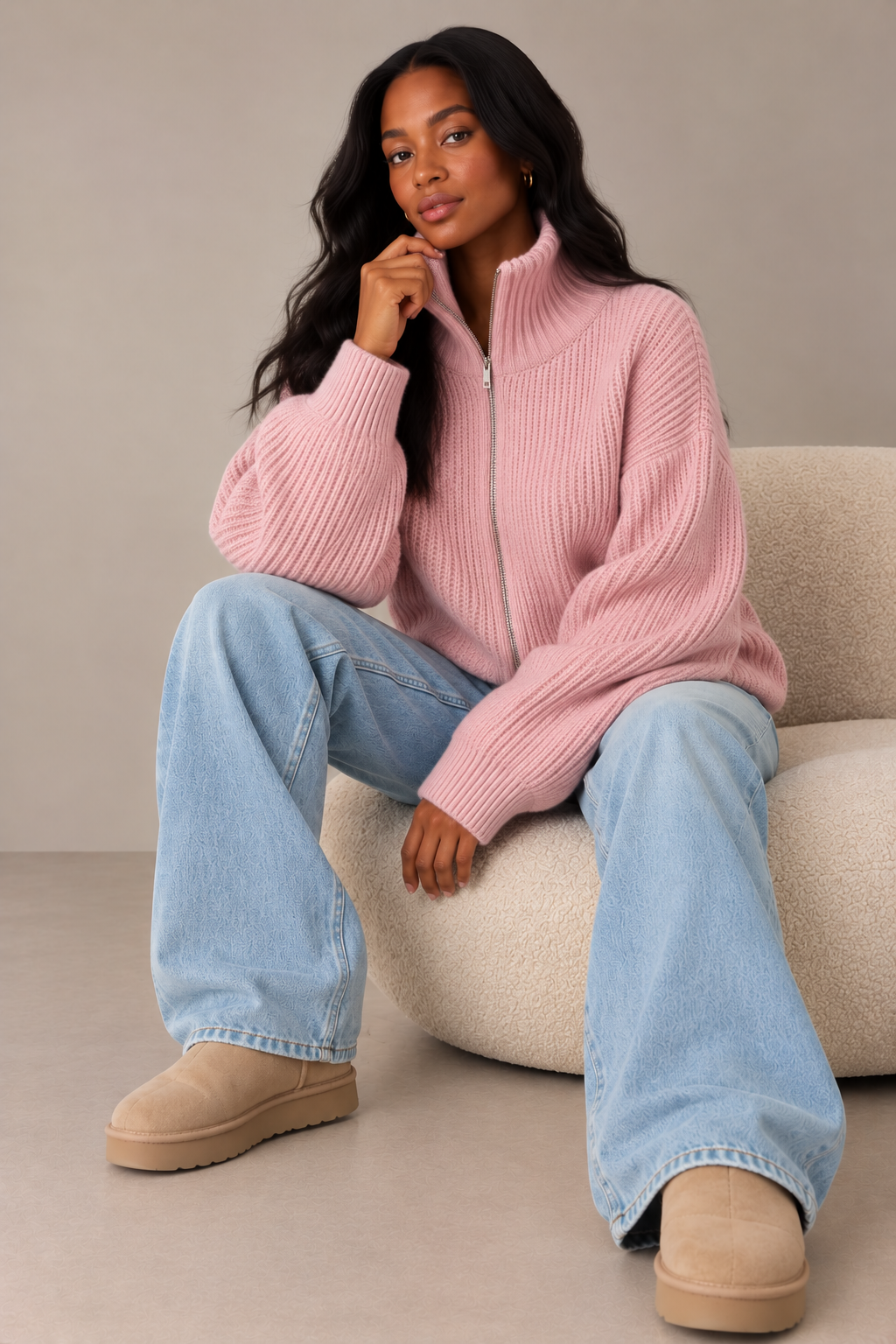 SADIE - BABY PINK ZIPPER CARDIGAN