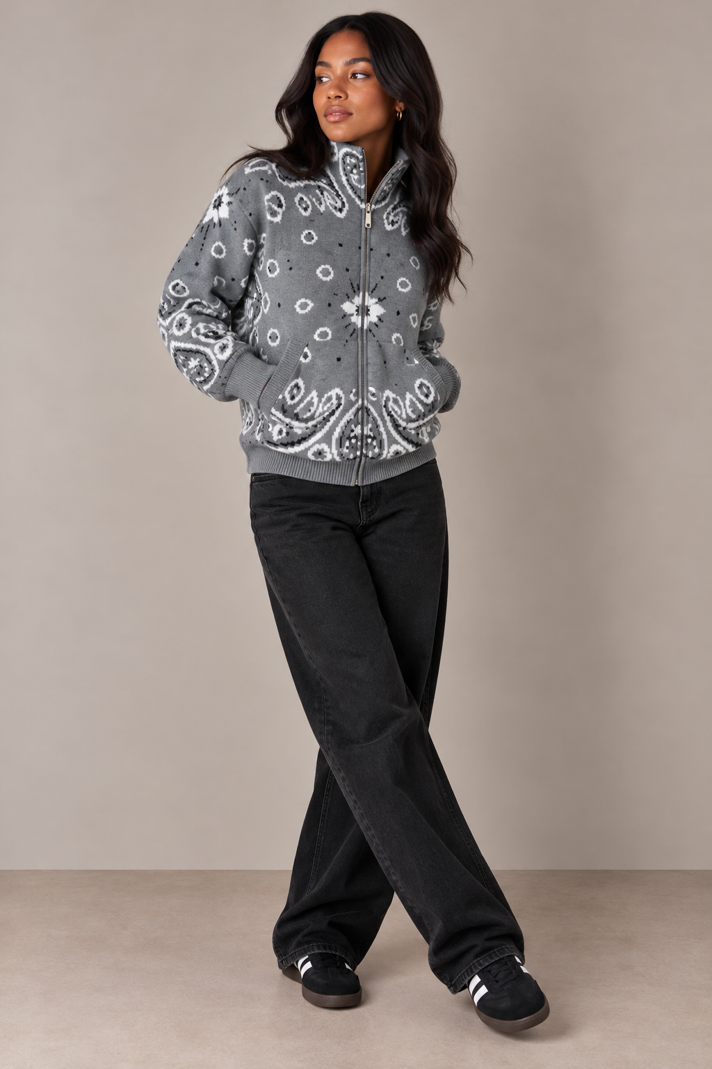 JOEY - SLATE PAISLEY ZIP UP CARDIGAN
