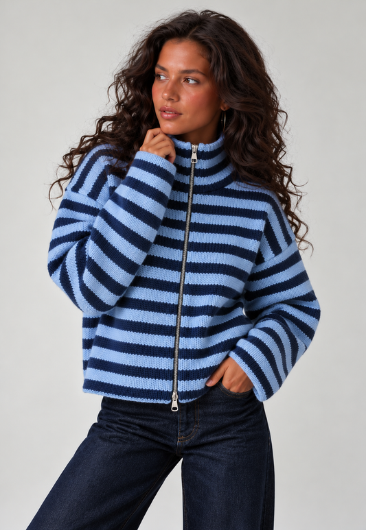 SADIE - BLUE + NAVY STRIPED ZIPPER CARDIGAN