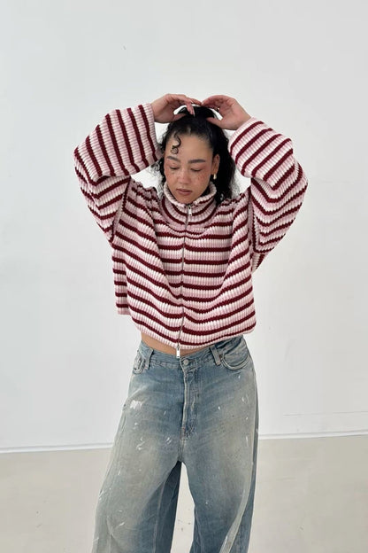 SADIE - STRIPED ZIPPER CARDIGAN