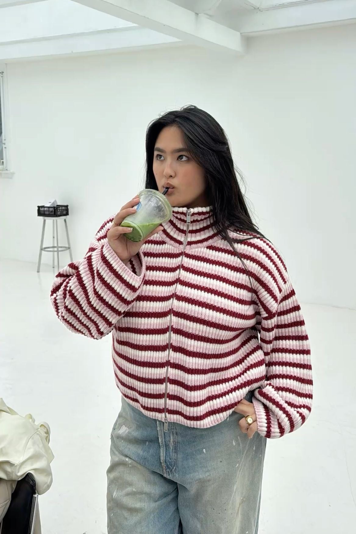 SADIE - STRIPED ZIPPER CARDIGAN