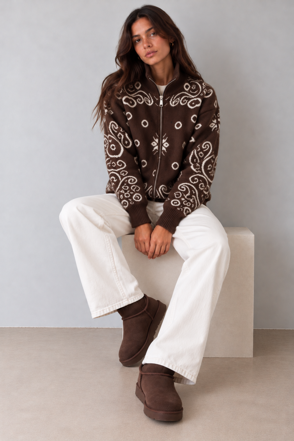 JOEY - CHOCOLATE PAISLEY ZIP UP CARDIGAN